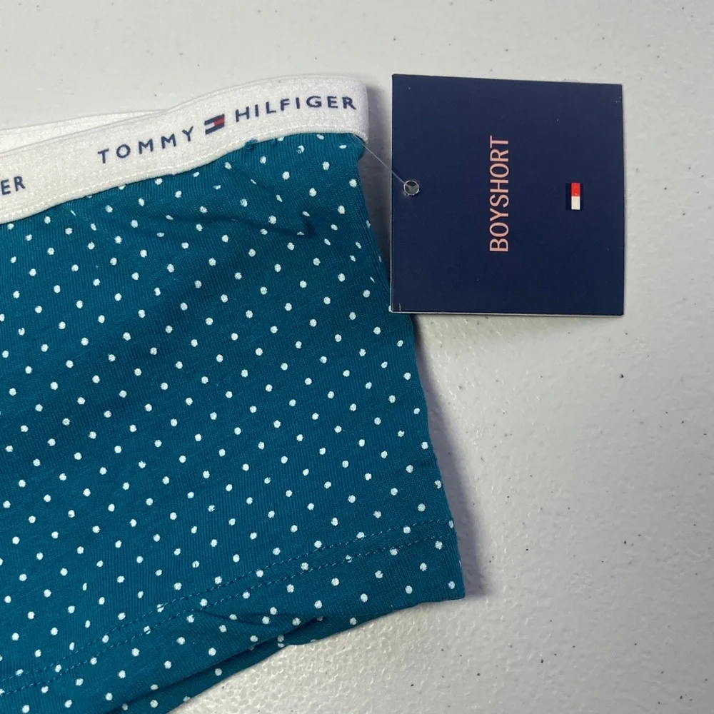 3/$18 Tommy Hilfiger teal polka dot boyshort panty with logo waistband size S - Picture 9 of 17